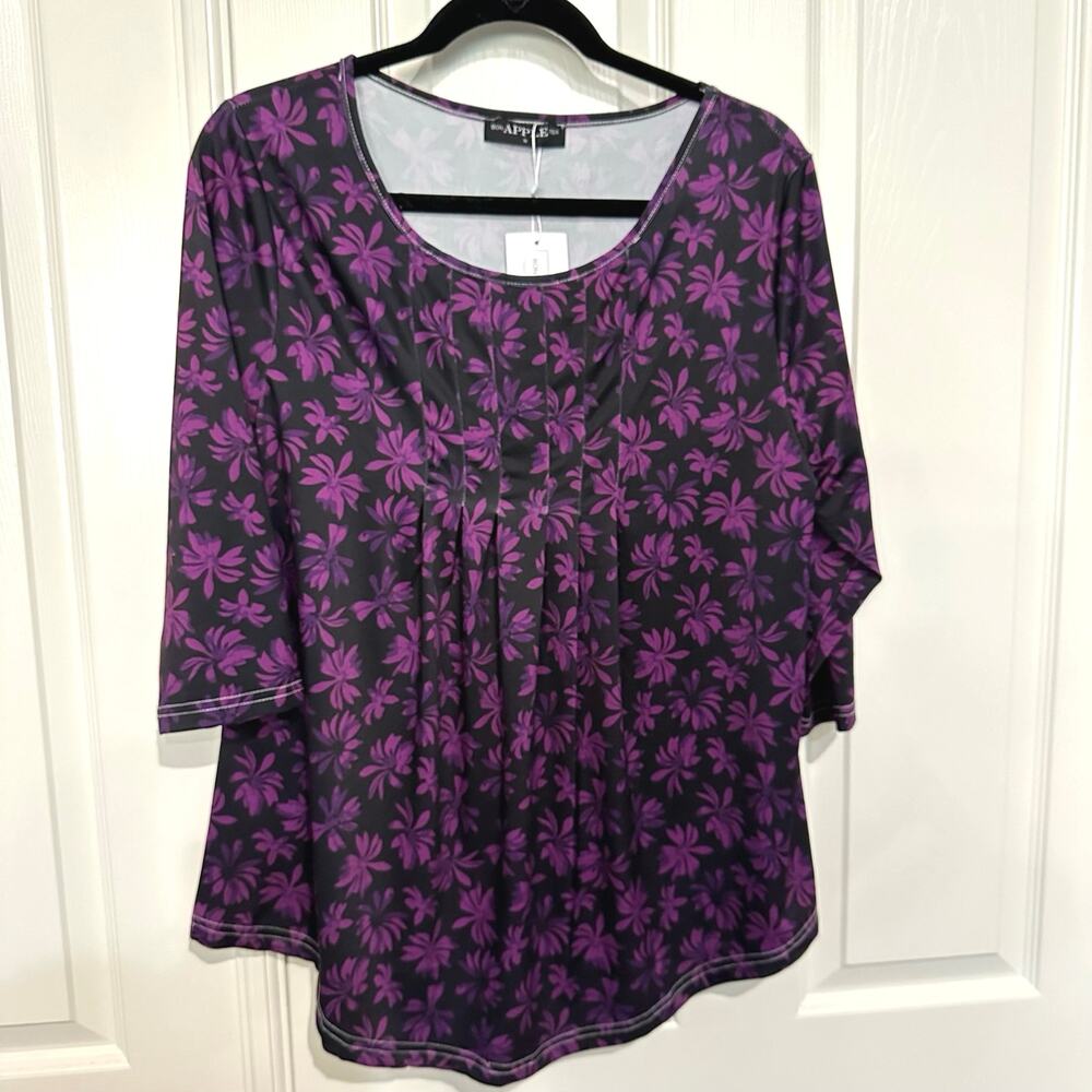 Bon Apple tea purple flowers on black  top‎ blouse 
Size 1X